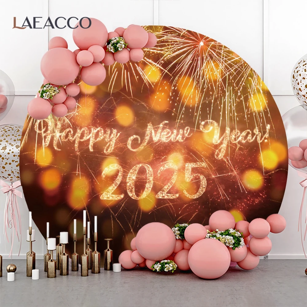 Happy New Year Round Background Cover Fireworks Champagne Clock Countdown 2025 Eve Family Party Celebrate Photography Backdrop