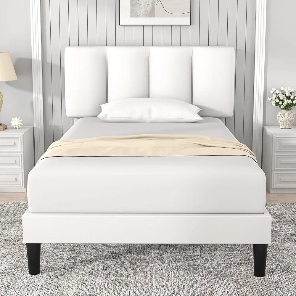 

Twin Bed Frames, Upholstered Platform Bedframe, Adjustable Headboard, Wood Slat Support, No Box Spring Needed