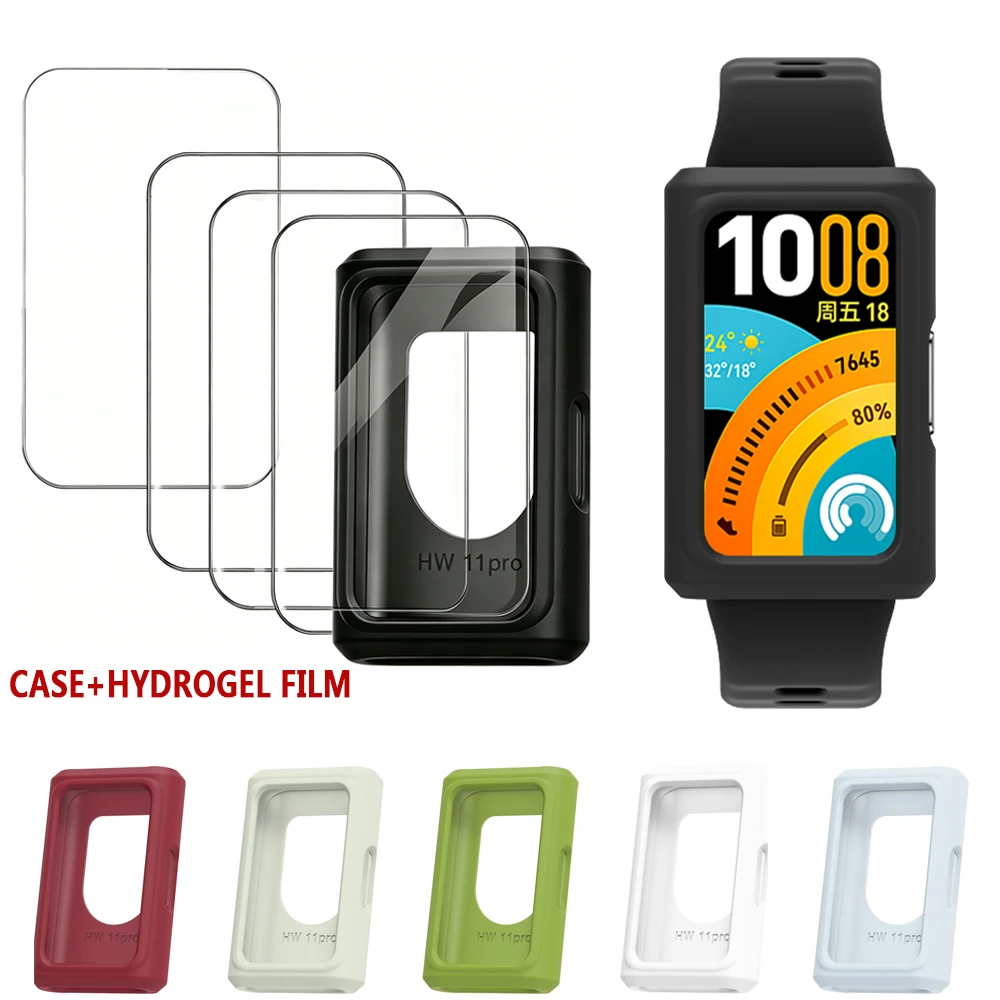Soft Silicone Cases Cover+4PCS Hydrogel Films for Huawei Band 11& 11Pro Bracelet Protector Shell Shockproof Protection Frame