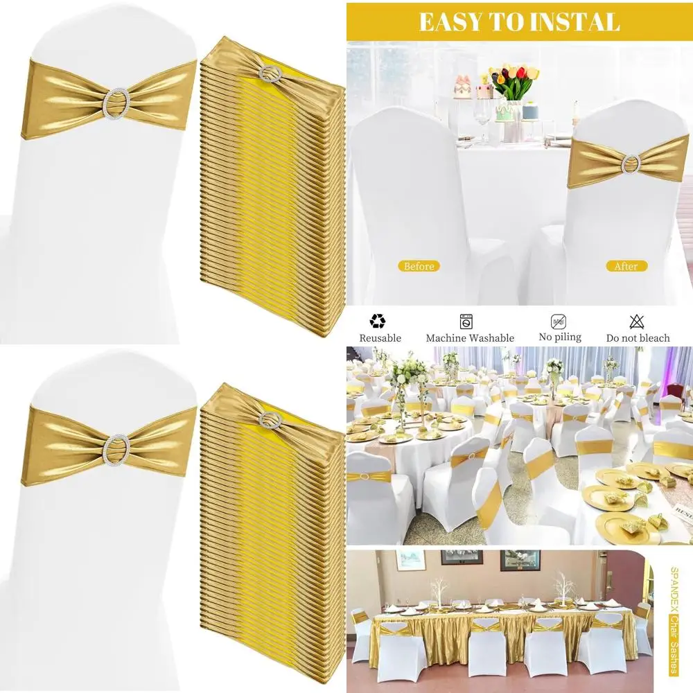 

Пояса для стула премиум-класса из спандекса с ползунками с пряжками — упаковка 100 эластичных лент для стульев для свадеб, вечеринок и мероприятий в металлическом стиле.