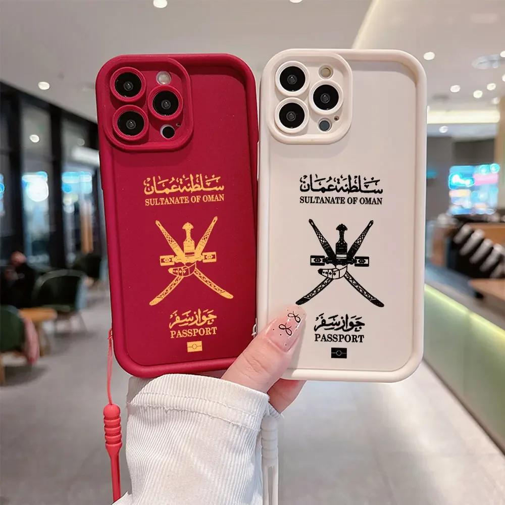 Oman Passport Phone Case avec dragonne, Coque arrière en TPU souple, iPhone 16 15 14 13 12 11 Pro Max Mini Poly XS X 7 8 Plus