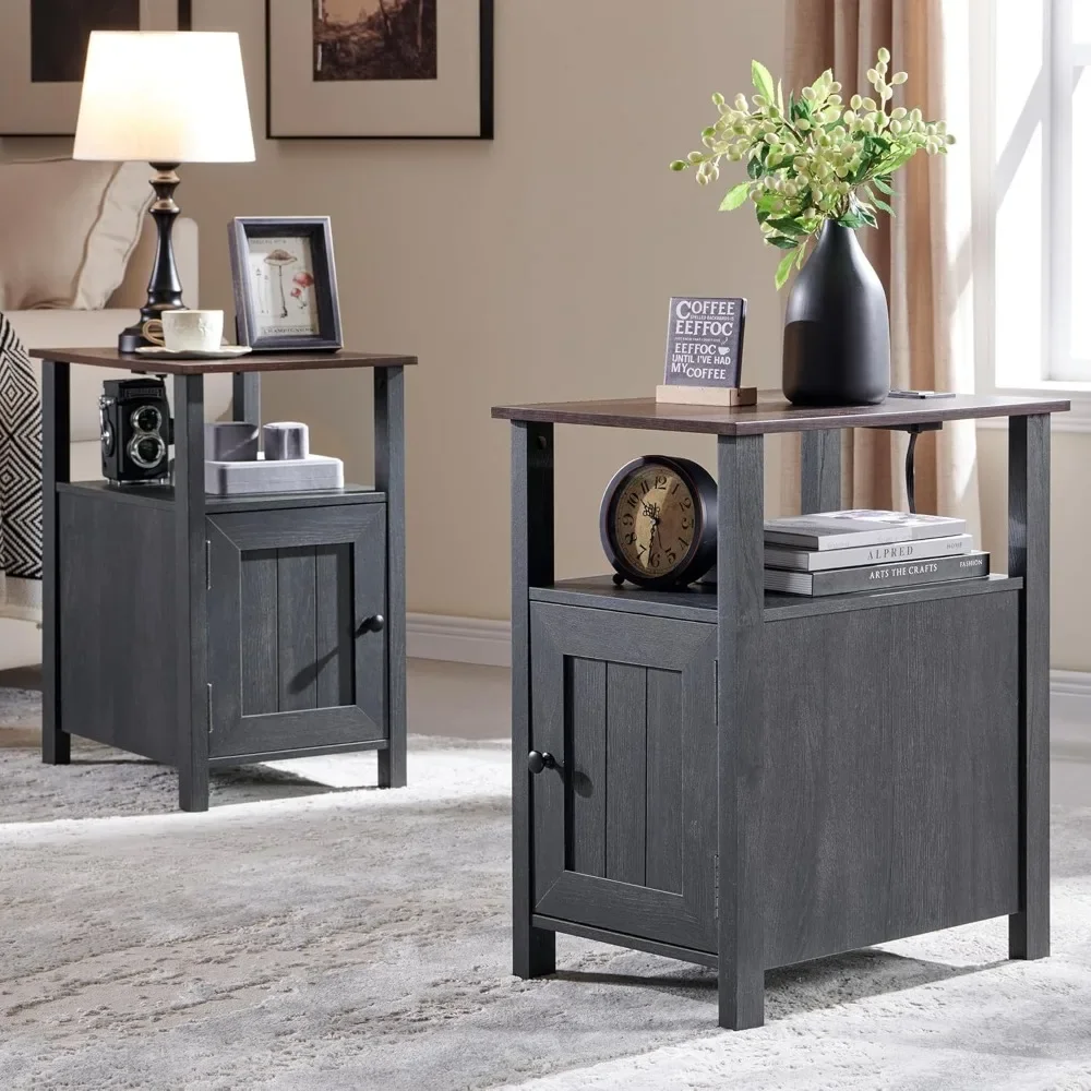 

Farmhouse Nightstand Set of 2, End Table with Charging Station, Rustic Side Table w/Barn Door & Open Shelves