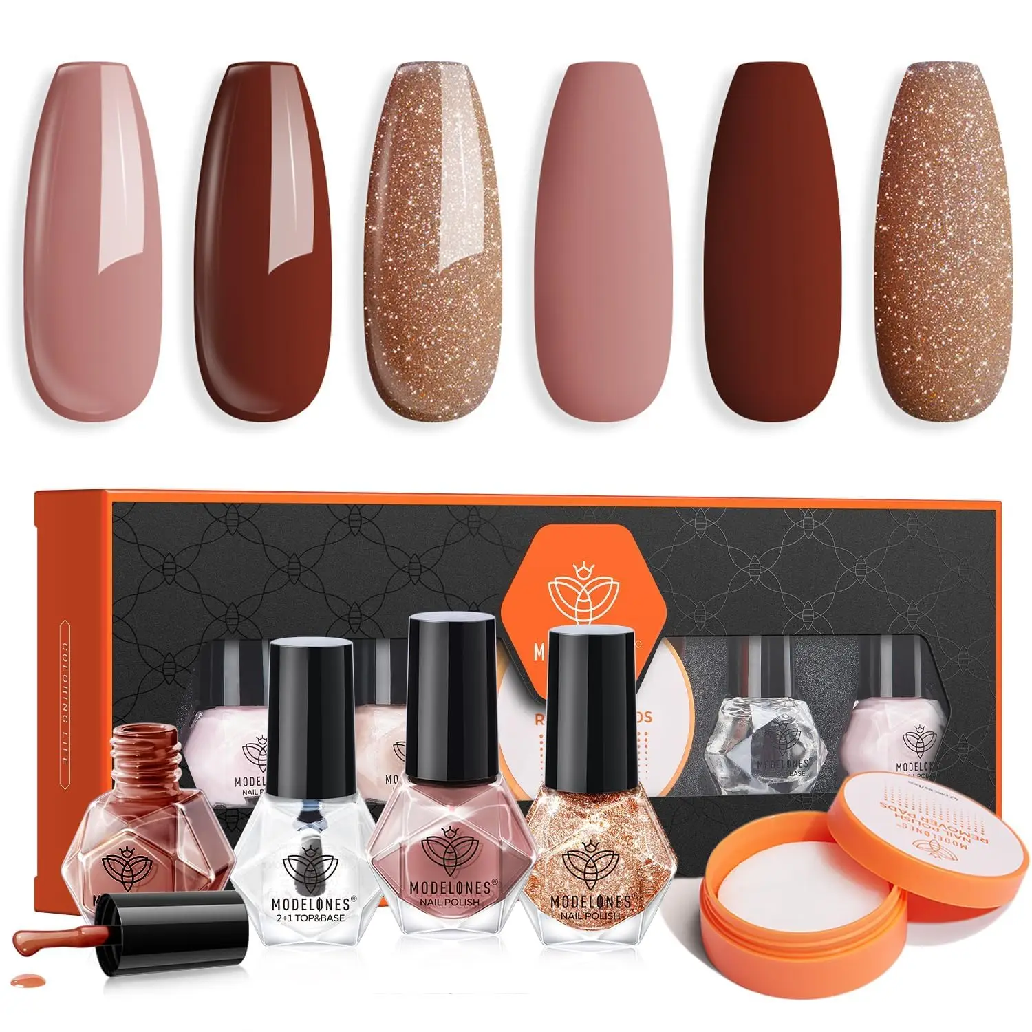 

modelones Nail Polish Set with 42 Pcs Remover Pads and Base Top Coat, 3 Colors Brown Glitter Mini Nail Polish Kit Fingernail