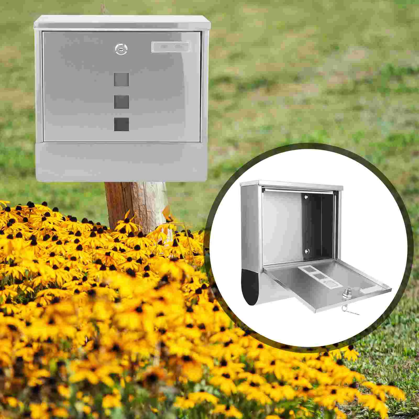 

Office Decor Stainless Steel Newspaper Box Lockable Mailbox Decorate Locking Hanging Silver Boxes for House