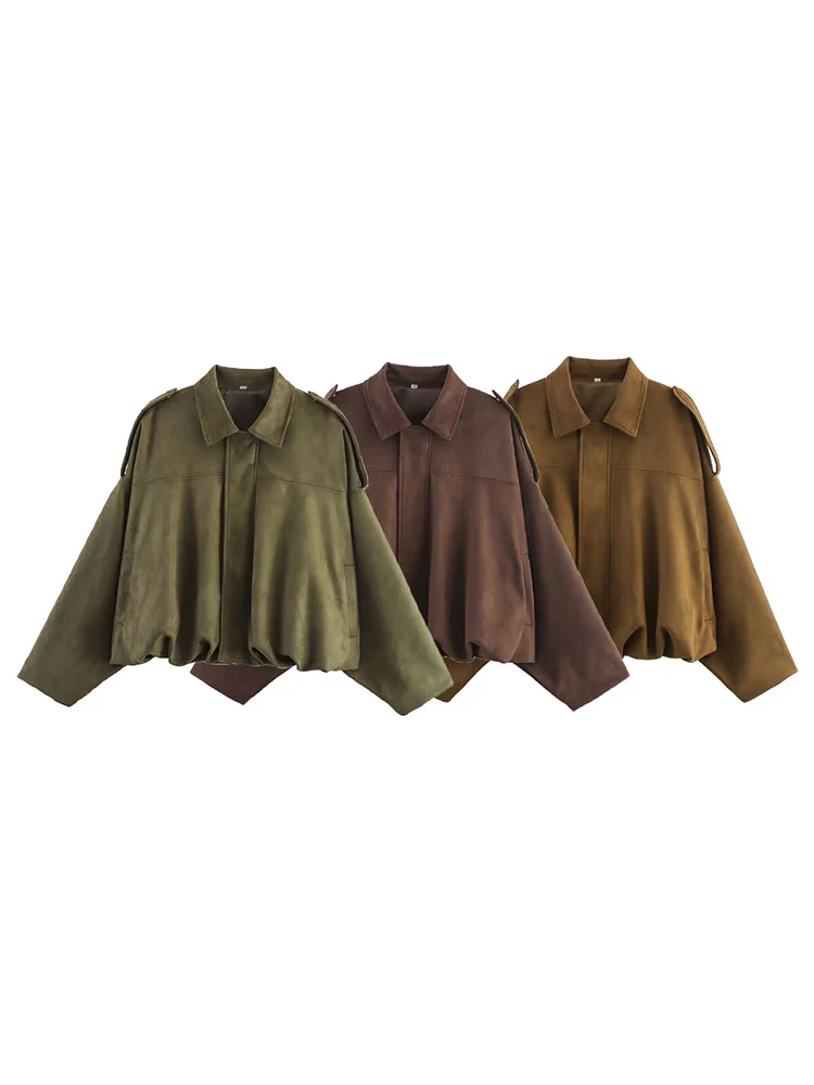 HH femmes automne nouvelle mode polyvalent poche daim texturé Bomber veste Vintage col rabattu à manches longues manteaux amples