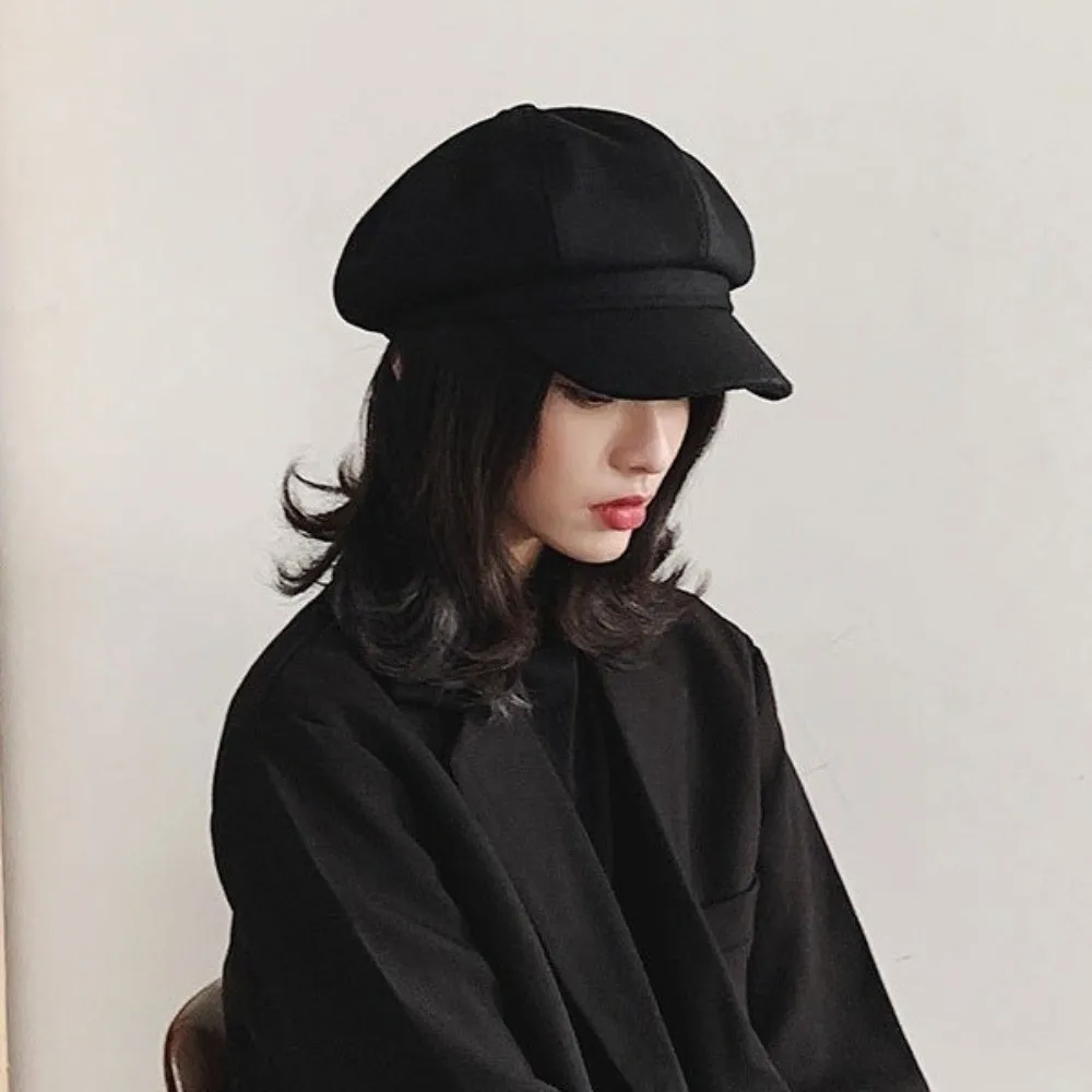 قبعة صوفية مثمنة بلون سادة لحماية الأذن قبعات رسام دافئة على الطراز الكوري قبعات بريطانية سميكة للفتيات #4