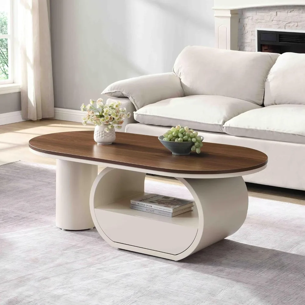 47.24'' Modern Coffee Table, Luxury Oval Coffee Table with Storage Drawer and Shelf, Metal Center Table for Living Room