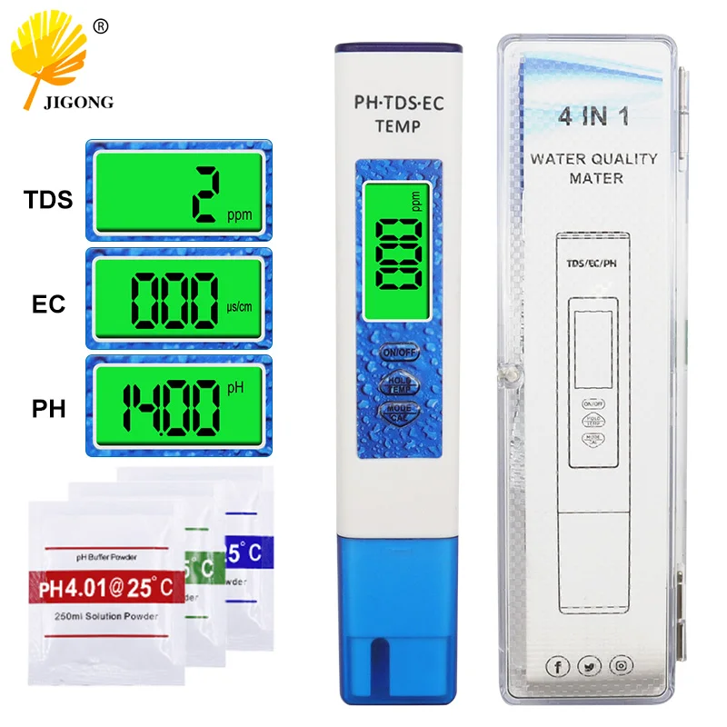 Pluma de prueba de PH, sonda de alta sensibilidad Cuatro en Uno, pluma TDS/TEMP, calibración EC de un punto para el hogar, medidor de prueba de calidad del agua