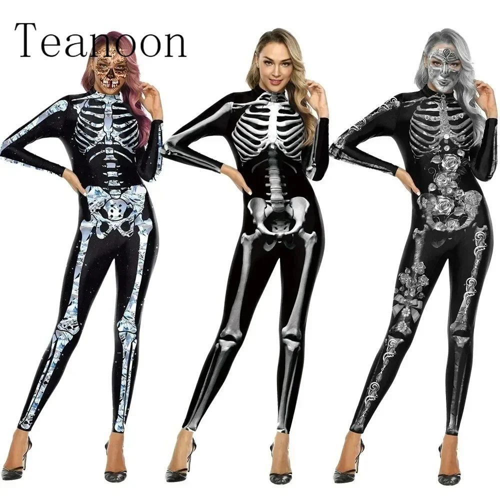 Volwassen cosplay jumpsuit skelet bodysuit voor Halloween vrouwelijke zombies party outfit sexy zentai kostuums