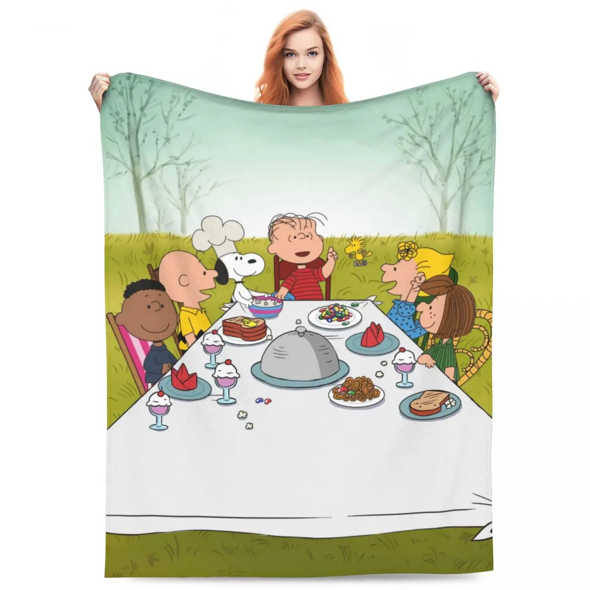 Snoopy & Friends Have Meals Soft Blanket Airplane Travel Plush Throw Blanket Novelty Outdoor Flannel Bedspread Sofa Bed Cover