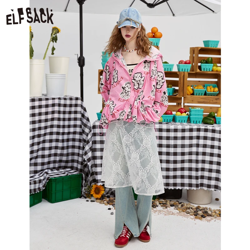 ELFSACK 2024 summer new arrival picnic travel vacation holiday soft comfortable fitted Pink full print medium length jacket crea