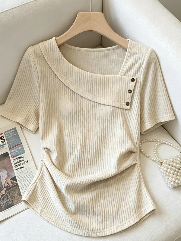 

plus Size Summer T-Shirt Elegant Sweet Side Collar Slimming Waist Short Sleeve Women's Top Korean Style Skin-friendly Breathable