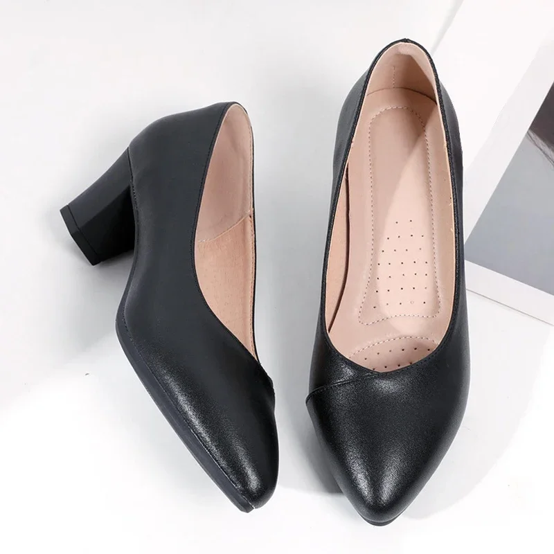 

Женские туфли из натуральной кожи на высоком толстом каблуке, туфли с острым носком и неглубоким носком, офисные туфли-лодочки для карьеры, вечеринки, банкета и посещаемости