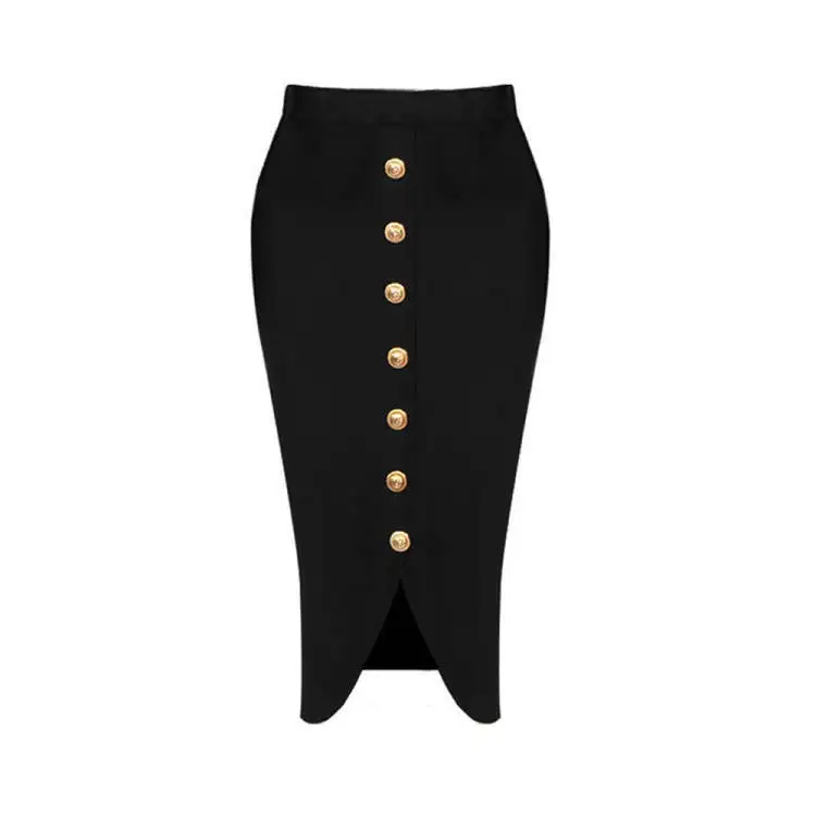 2025 New Bandage Metal Button Front Split Elegant Knee And Hip Wrap Pencil Skirt