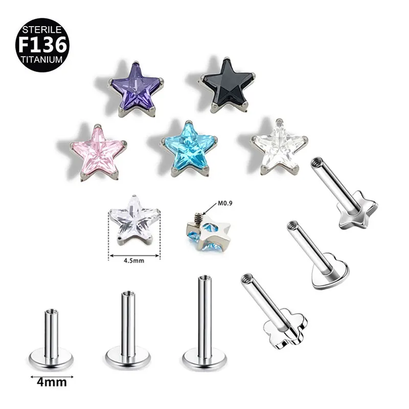 185PCS Internal Thread Stud Piercing Lot Jewelry G23 Titanium CZ Star Ear Studs Cartilage Tragus Helix Earring Piercing Jewelry