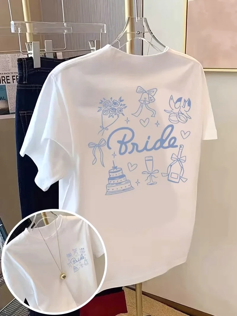Bride Wedding Element Print T-shirt Bachelorette Party Line Art Graphic Short Sleeve Top Women Cutecore Daily Wear Cheap Clothes
