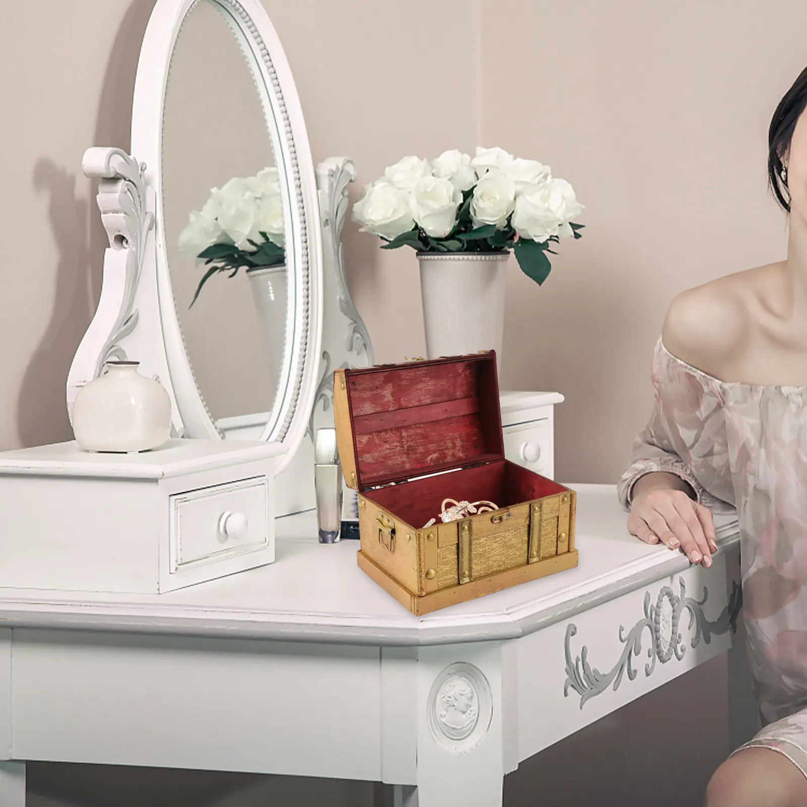 Retro Wooden Jewelry Box Treasure Chest Storage Organizer for Earrings Necklaces Bracelets Brooches Hair Clips Home Decor Rustic