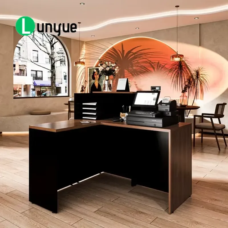 Modern L-shaped Wood Reception Desk MFC Panel Eco-Friendly Customizable Size Color for Hotels Malls Office Furniture