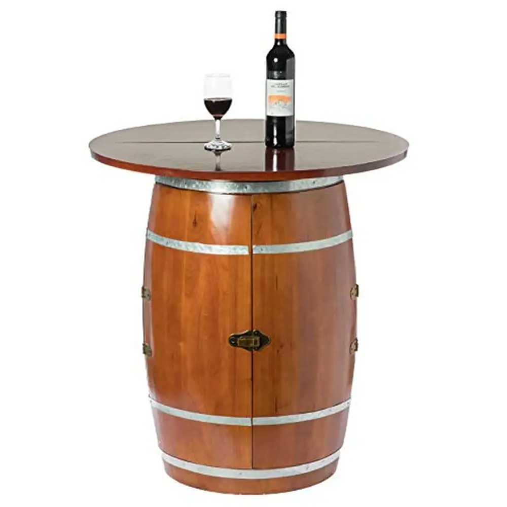 Mesa redonda de barril de vino de madera rústica con gabinete de almacenamiento y pestillo, muebles de Bar para el hogar de estilo Industrial duraderos, 29,75 pulgadas de diámetro x