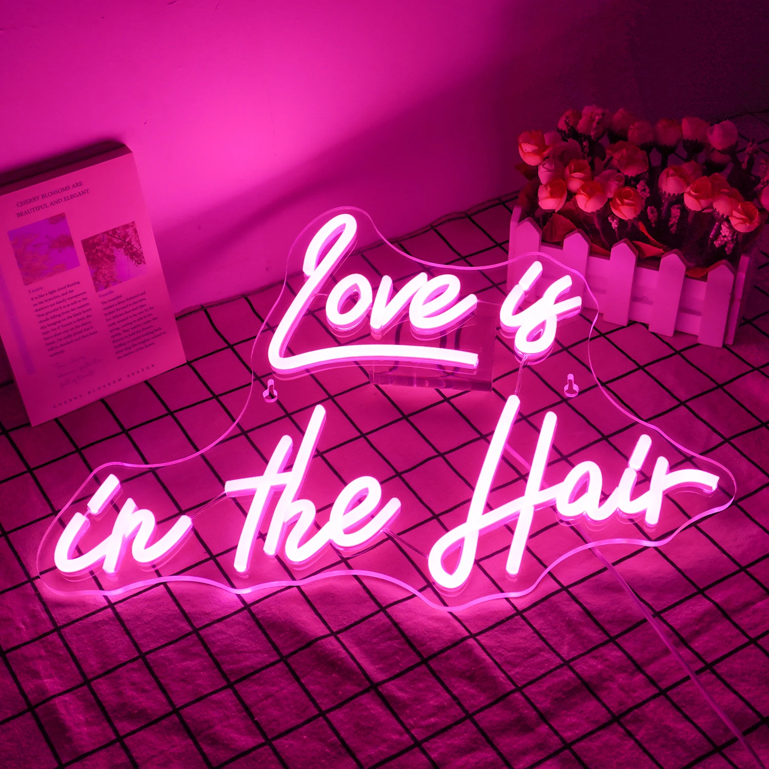 Love Is In The Hair Neon Sign Dimmable Room Decoration For Barbershop Pink Led Light Up Sign Beauty Salon Shop Sign USB Powered