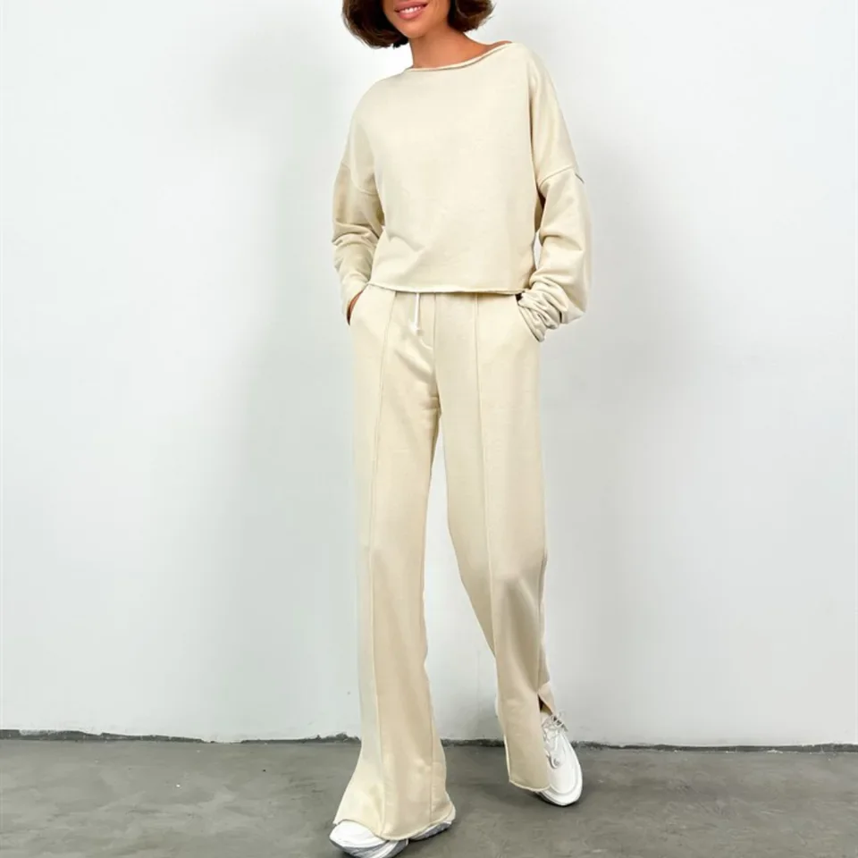 Spring New Solid 2 Piece Casual Home Suit Women Loose Round Neck Long Sleeved Pullover Top Elastic Waist Lace Up Trousers Set