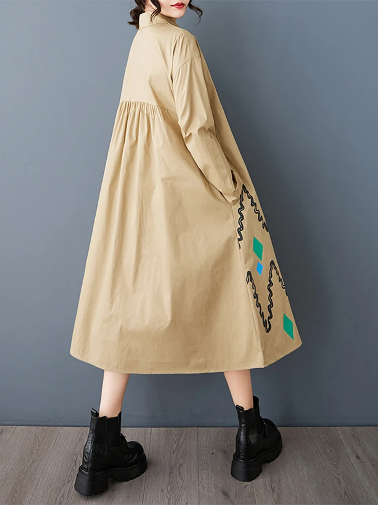 NYFS ルーズプラスサイズロングドレス 春秋 2026 ヴィンテージ長袖パッチワークプリント レディースローブシャツドレス