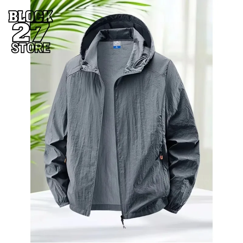 Mens Hooded Sun Protection Jacket Lightweight Outdoor Windbreaker Quick Dry Breathable UV Coat Hiking Running Harajuku Fashion