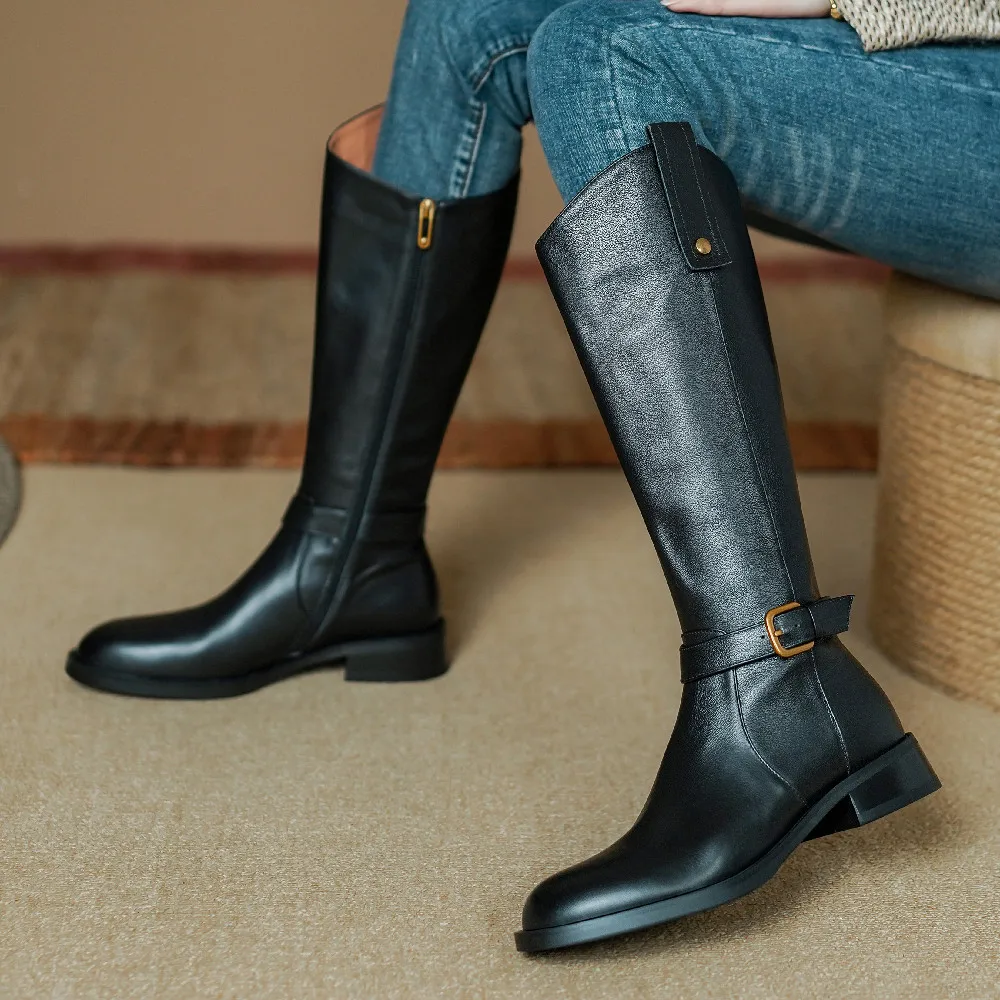 

Women's cow leather flats knee high knight boots ankle buckle round toe side zip high boots high quality brand designer shoes