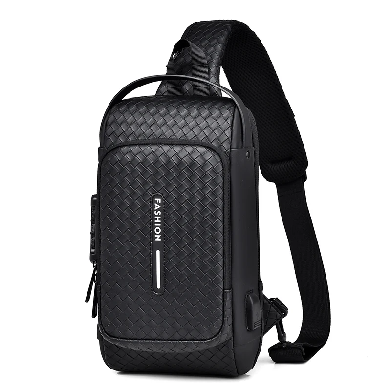 Men Fashion Chest Bag Anti-theft Tape Bag Portable Backpack with USB Charging Port Male PU Shoulder Outdoor Sports Crossbody Bag