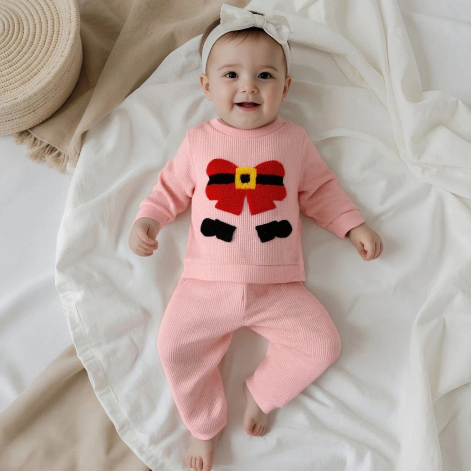 Baby Girls 2-piece Outfit, Long Sleeve Embroidery Bow/Santa Claus Sweatshirt with Sweatpants Christmas Clothes