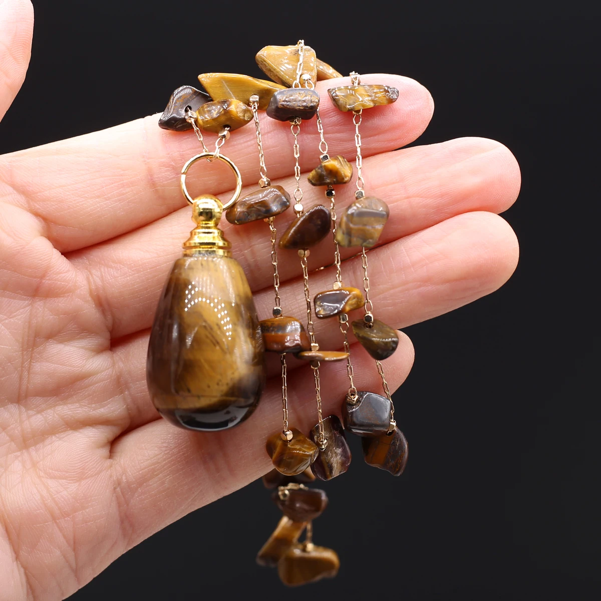 

Perfume Bottle Necklace Natural Stone Tiger Eye Perfume Bottle Pendant For Women Christmas Halloween Gift Chain 80cm