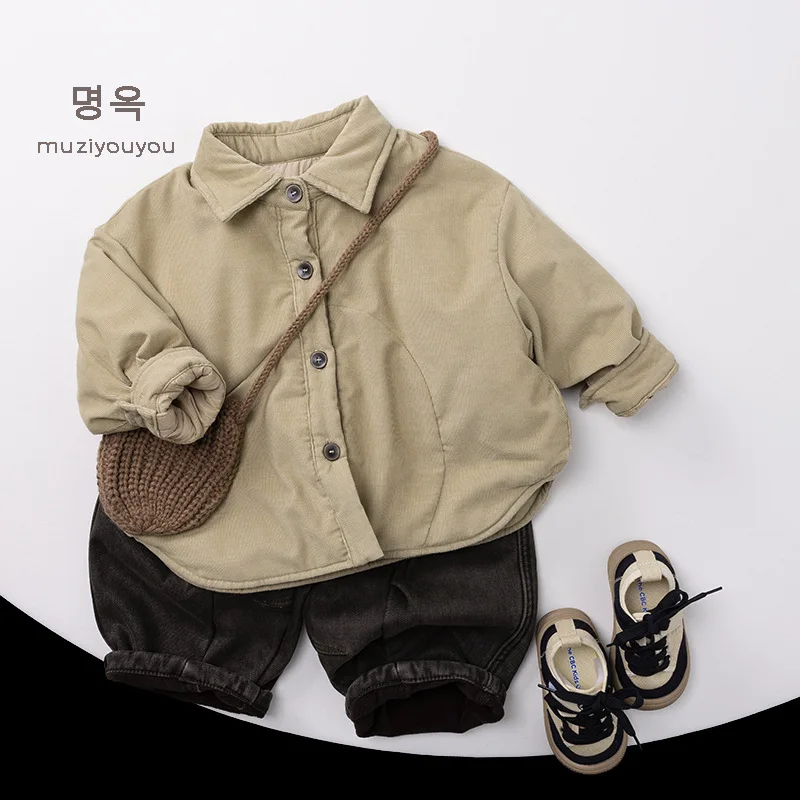 2025 Winter New Children Cotton Padded Jacket Solid Simple Boys Lapel Shirts Coat Thick Warm Kids Girls Quilted Jacket