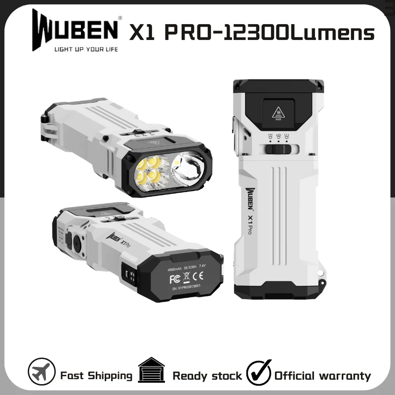 WUBEN X1Pro Rechargeable Flashlight 12300 lumens, EDC Flat Shape with Floodlight Strobe Modes, IP65 Waterproof With Battery