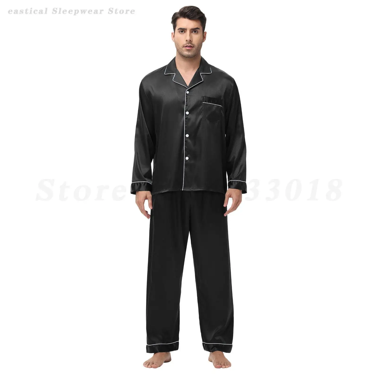 Mannen Satijnen Pyjama Set 2 Stuks Shirt & Broek Effen Kleur Pyjama Pak Lange Mouw Lounge Wear Nachtkleding Losse Casual nachtkleding Homewear