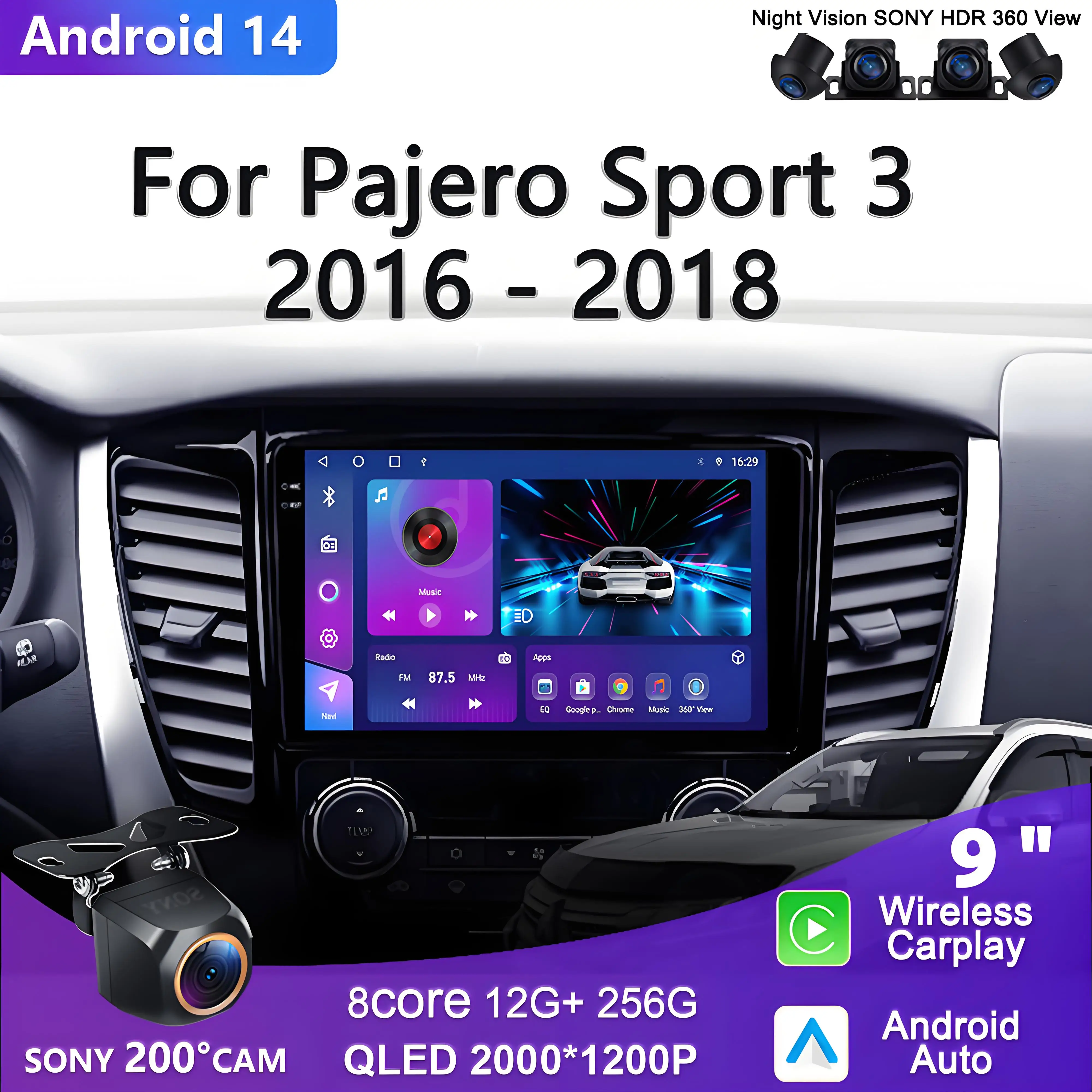 Android 16 For Mitsubishi Pajero Sport 3 2016 - 2018 Android Auto Stereo Multimedia Player GPS Navigation Dash Cam 5G Multimedia