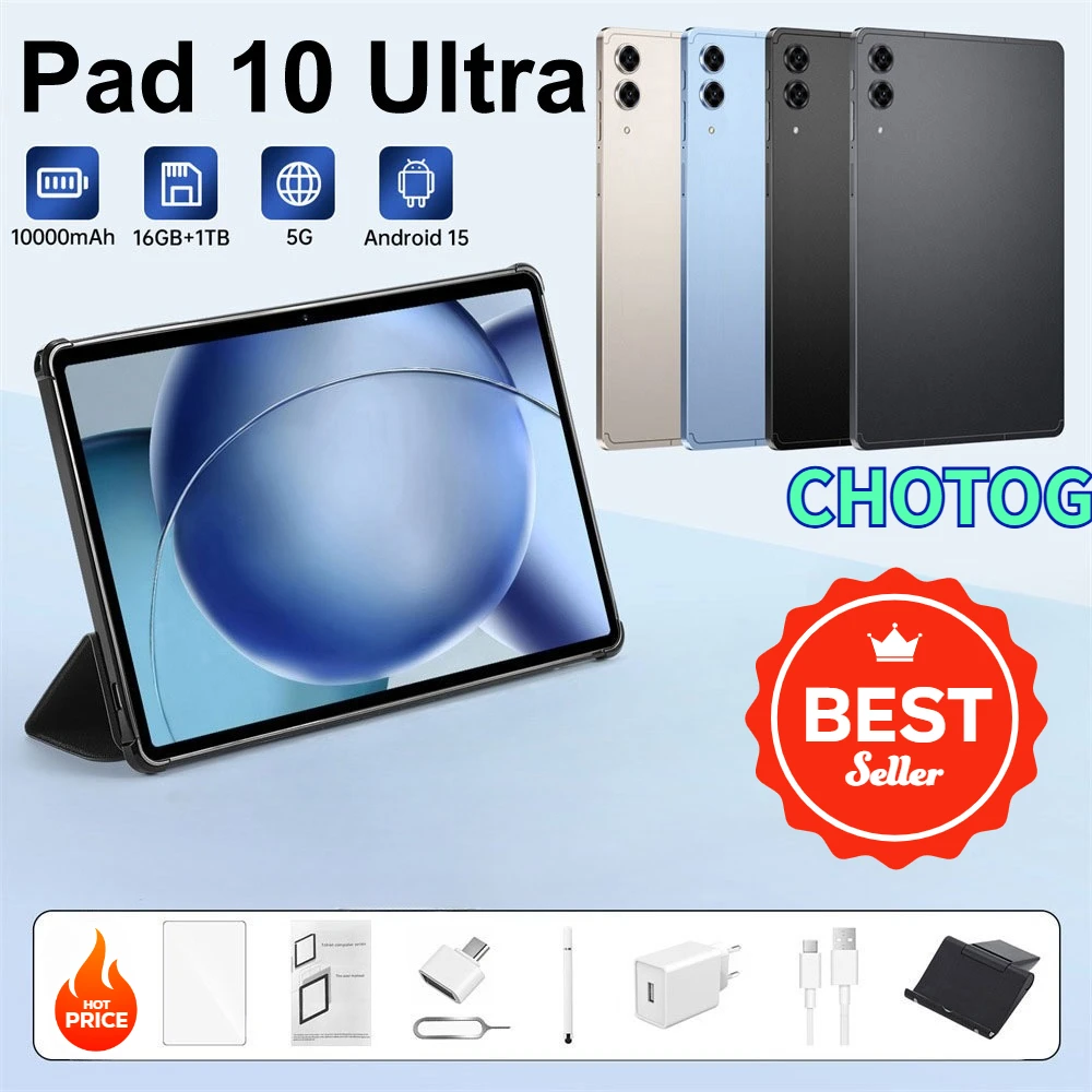 CHOTOG 2026 Hot Pad 10 Ultra, tablette avec batterie 10000 mAh, écran HD 10,1 pouces, tablette 5G, 22 Go + 2 To, tablette pour enfants, Android 15, double carte SIM, version mondiale, tablette PC