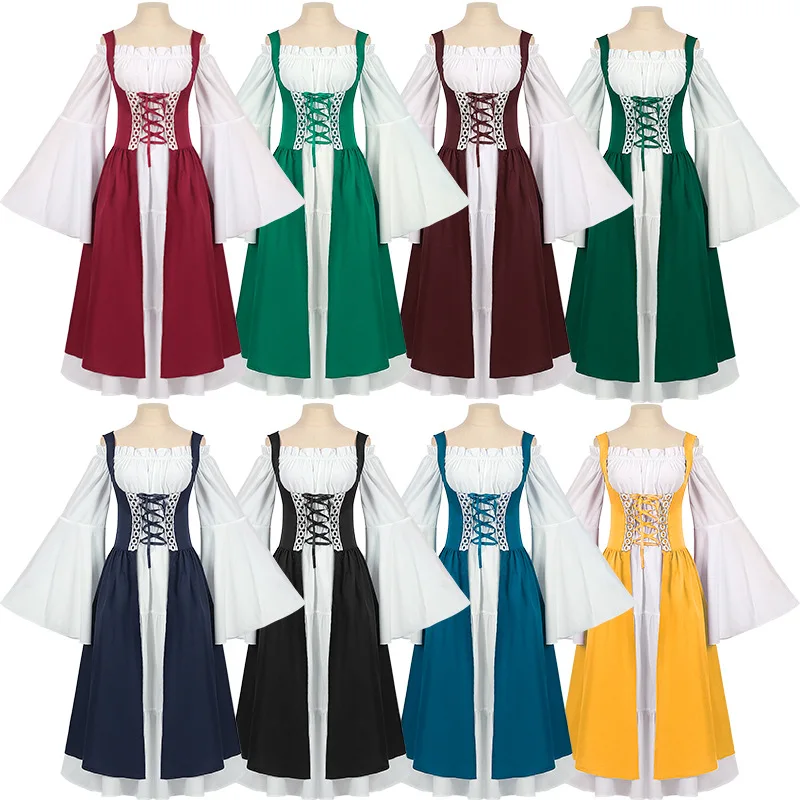 

Renaissance Medieval Irish Long Dress And Petticoat Bohemian Style Suit Gothic High-waisted Dress