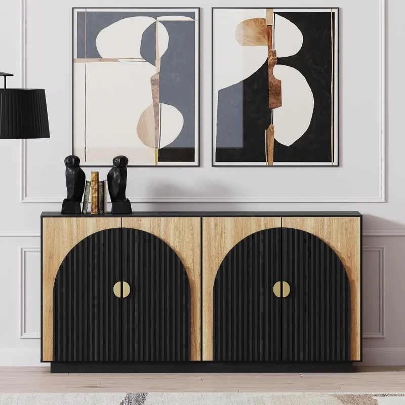 65 Inch Fluted Buffet Cabinet with Storage, Console Table for Dining Room, Kitchen, and Living Room (Camel)