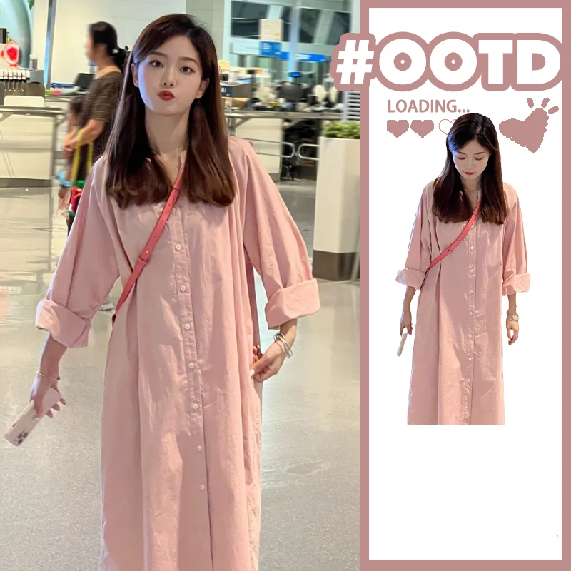 2024 New Autumn Women's Shirt Dresses Pink Color Loose Plus Size Blouse Vestidos Puff Sleeve French Style Female Robe KE6705