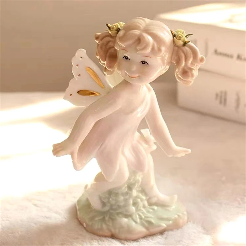 Lovely Porcelain Butterfly Fairy Figurine Handmade Ceramics Doll Girl Miniature Room Embellishment Ornament Decor Gift Craft