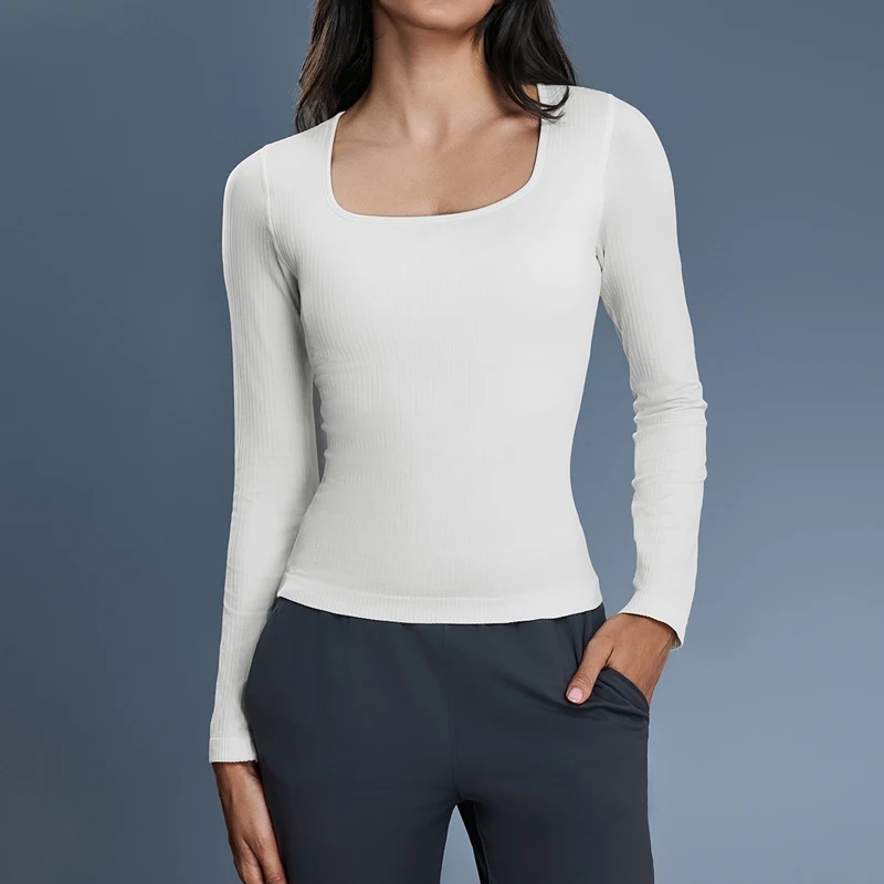 

Рубашка для йоги с длинным рукавом, женская бесшовная рубашка с квадратным вырезом, топ для бега в тренажерном зале, дышащий быстросохнущий топ для фитнеса с подушечками, спортивная одежда