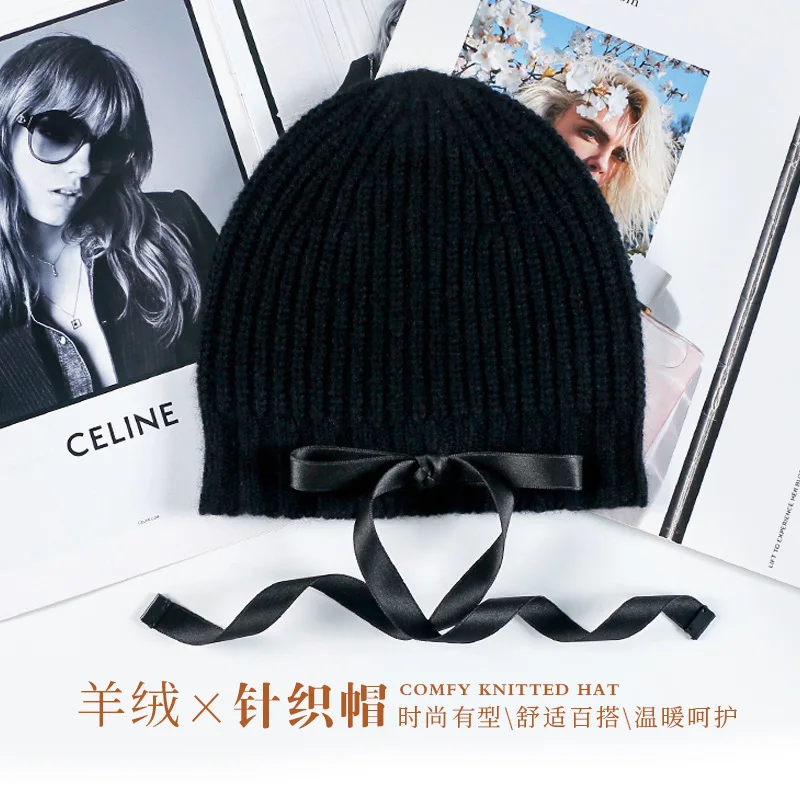 Light Luxury Fashion Boutique Autumn and Winter Ribbon Bow Cashmere Knitted Hat Warm Comfortable Breathable Exquisite Everything