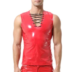 Mens Glossy PVC Leather Tank Tops Slim Sleeveless T-Shirts Sexy V-neck Nightclub Stage Male Faux Leather Vests Tops Man Clubwear