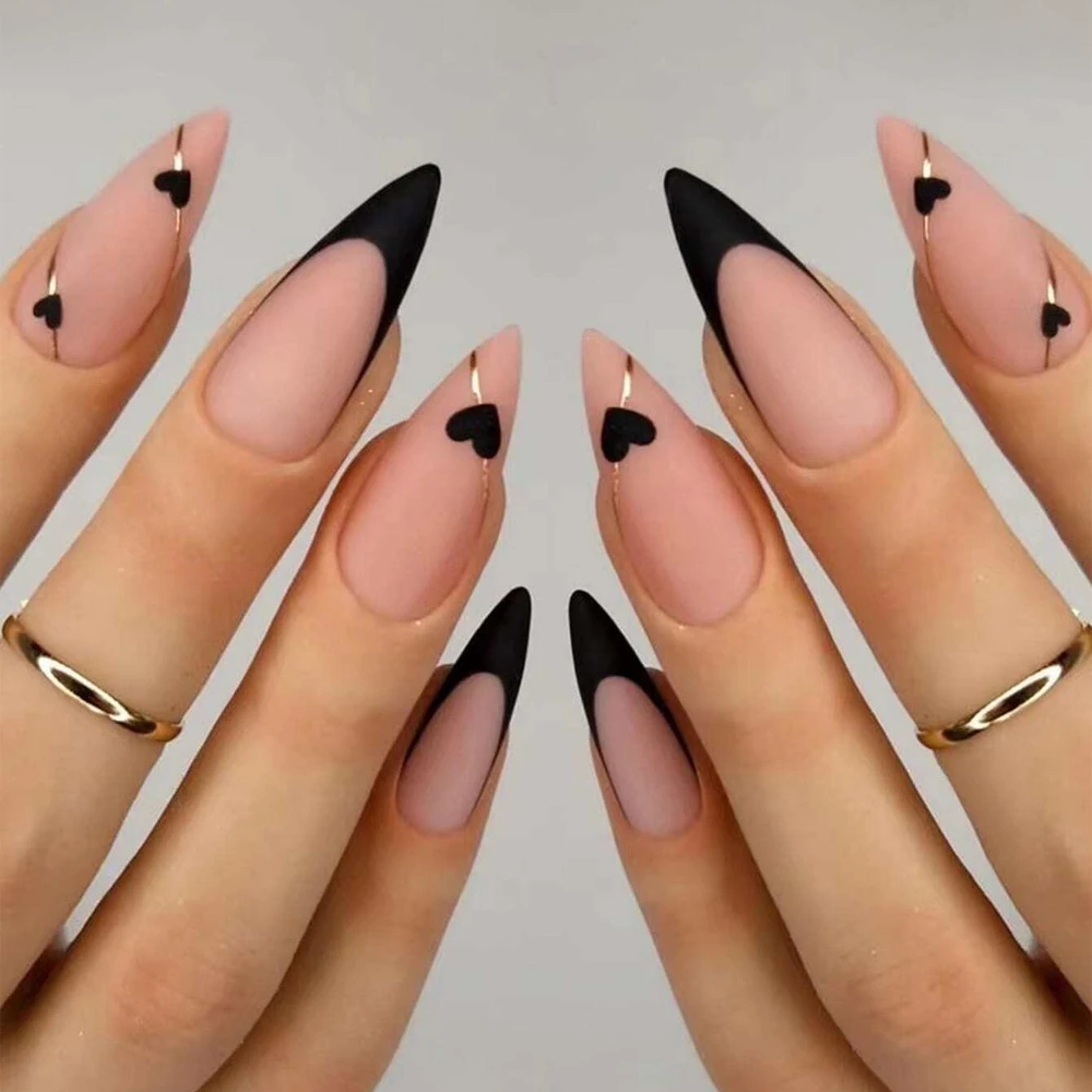 Nude Black French False Nails, Almond Press On Nails with Matte Heart & Gold Accents