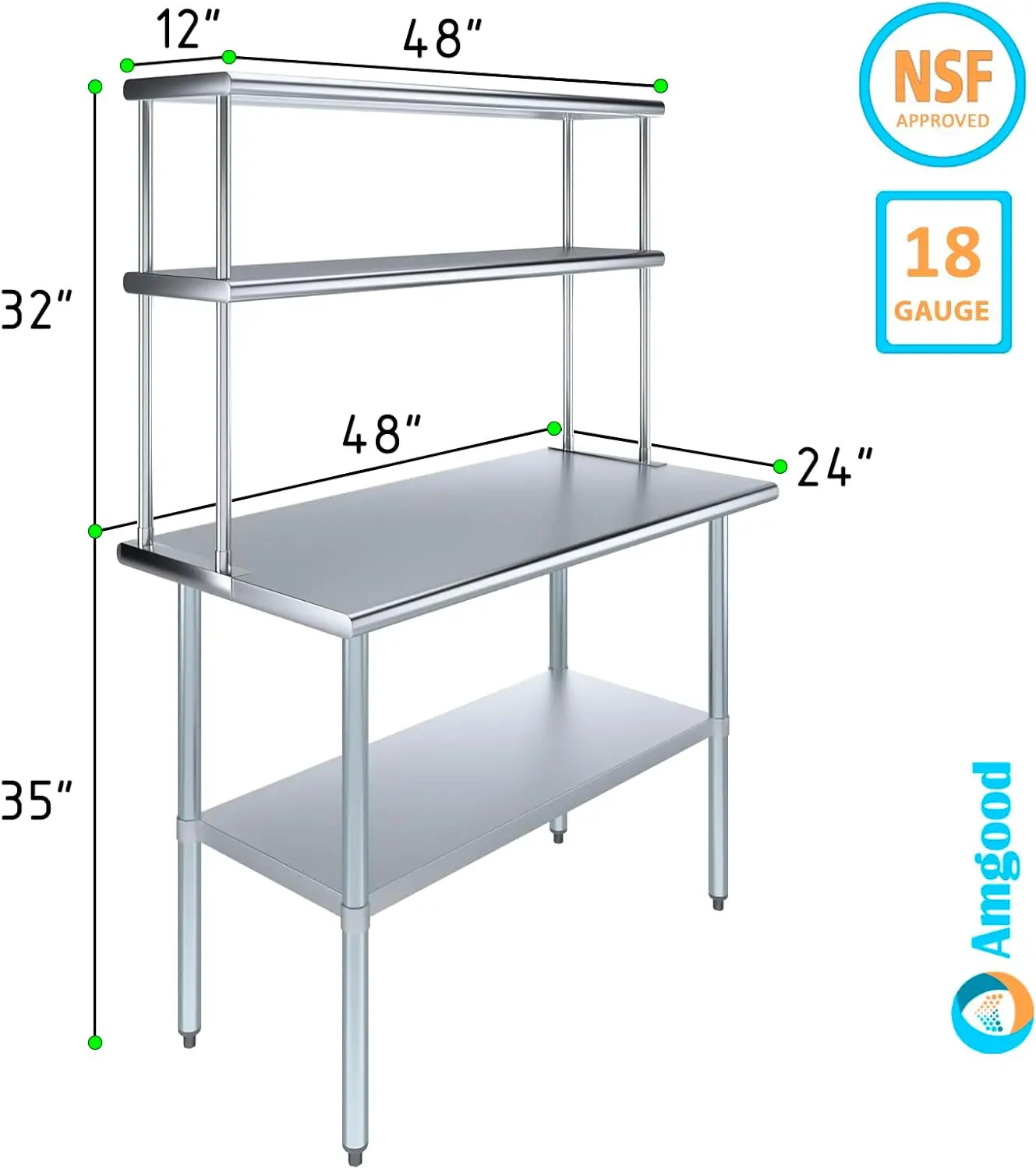 Stół roboczy ze stali nierdzewnej z podwójną nakładką o szerokości 12 cali |   Metalowy stół kuchenny i regały do przygotowywania