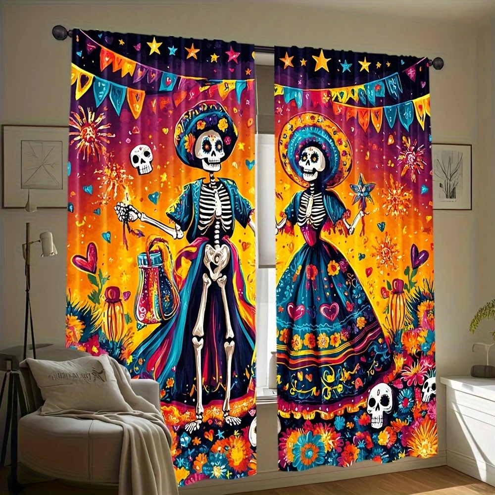 Day of the Dead Curtains, Colorful Sugar Skull Skeleton Window Drapes, Mexican Fiesta Decor, Blackout Fabric for Living Room