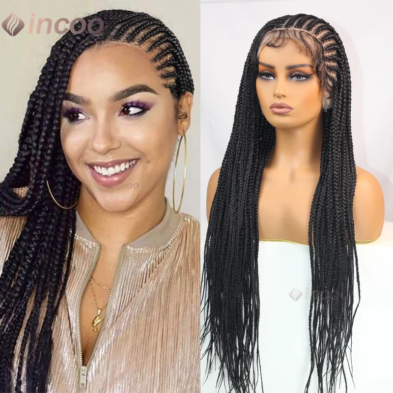 

360 Full Lace Cornrow Braided Wigs Synthetic Knotless 36" Long Box Braids Wig With Baby Hair For Black Women Goddess Braids Wig