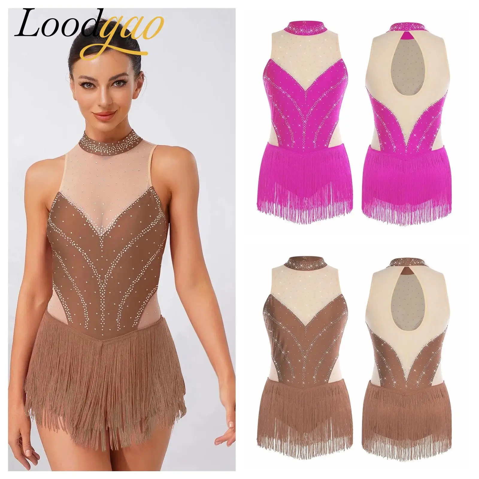 

Women's Tassel Bodysuit Latin Jazz Line Dance LeotardSkirt Backless Chacha Dress Rumba Outfits Performance Gymnastics Costumes
