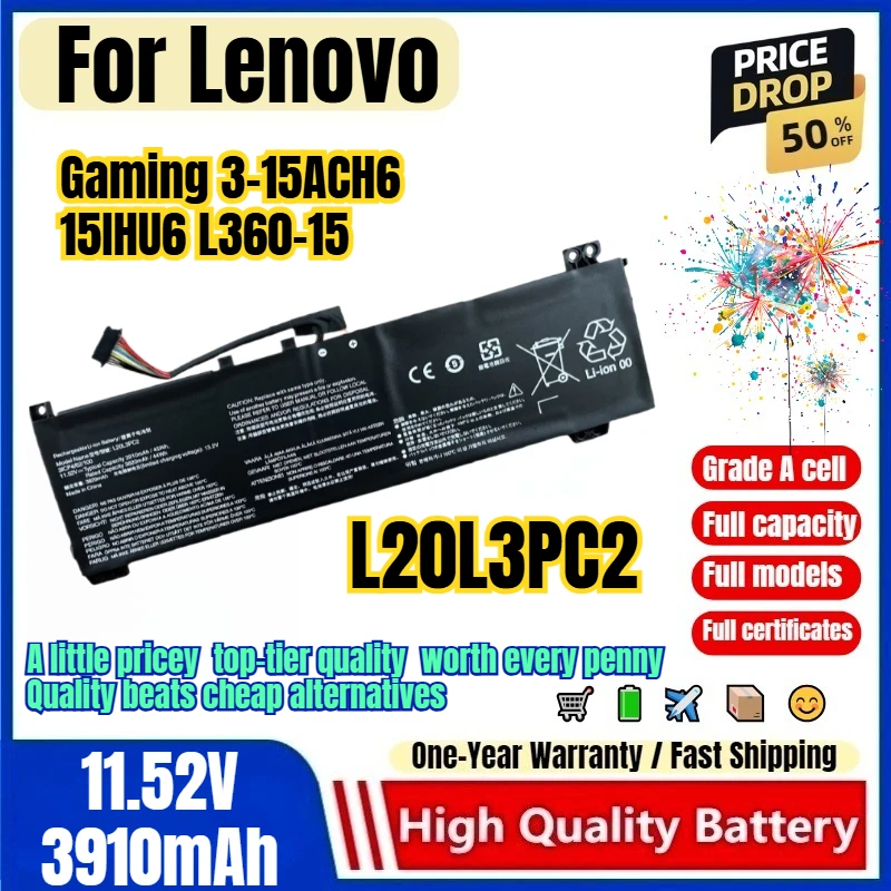 L20L3PC2 for Lenovo Gaming 3-15ACH6 15IHU6 L360-15 Laptop Battery 0 Cycle High Capacity Battery Replacement Bateria Grade A Cell