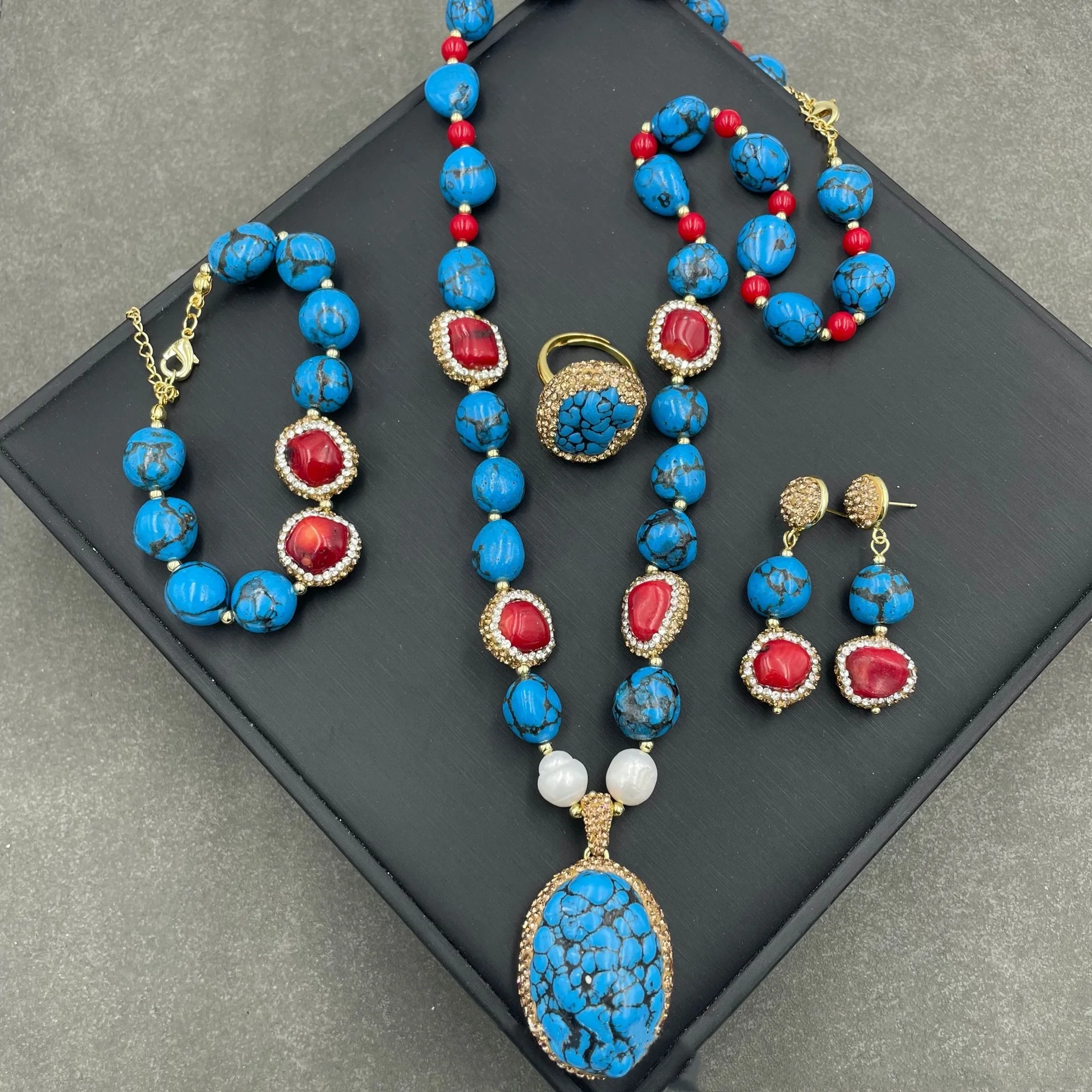 

ST064 Niche Retro Color Matching Classic Ethnic Style Natural Turquoise Accessories Exquisite Handmade Jewelry Four Pcs Set